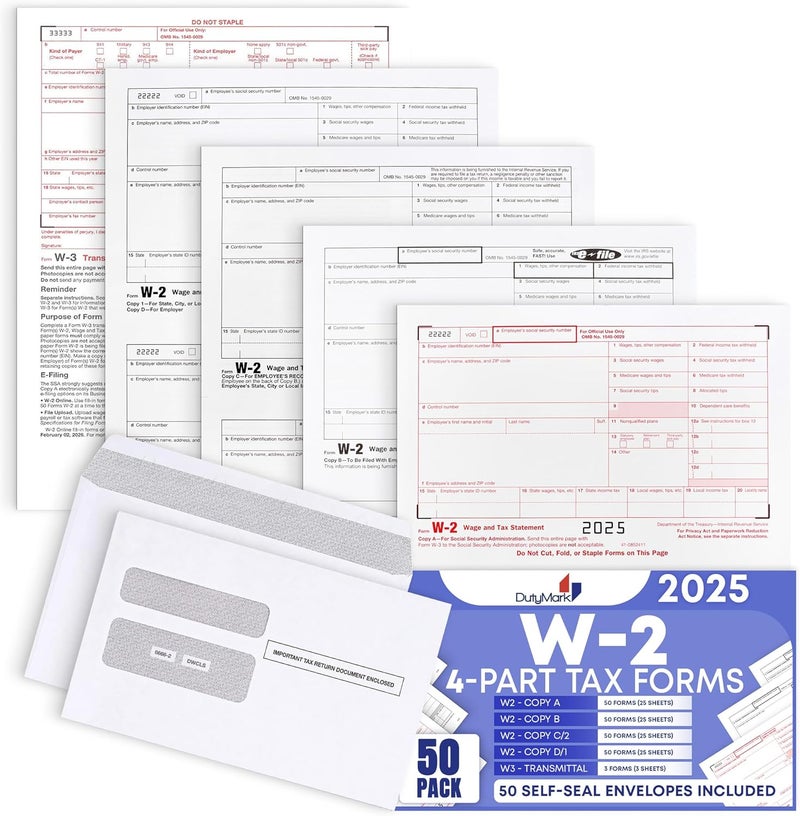Dutymark W2 Tax Forms 4 Part 2025, 50 Employees Kit of Laser Forms with 6 W3s, and 50 Self-Seal Envelopes IRS-Compatible, Great for QuickBooks and Accounting Software, All W2 Lazer Forms in Value Pack, - Image 1